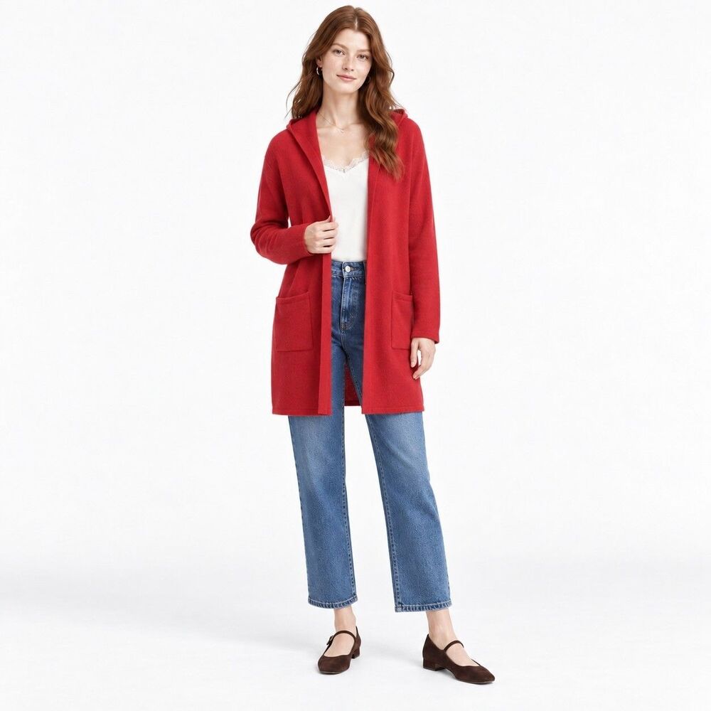 Charter Club Luxury Red 100% Cashmere Hooded Long Open Cardigan Sz L Classic